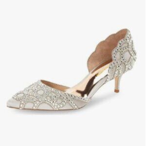 XYD White Pointed Toe D'Orsay Kitten Heel Rhinestone Studs Slip-On Pump